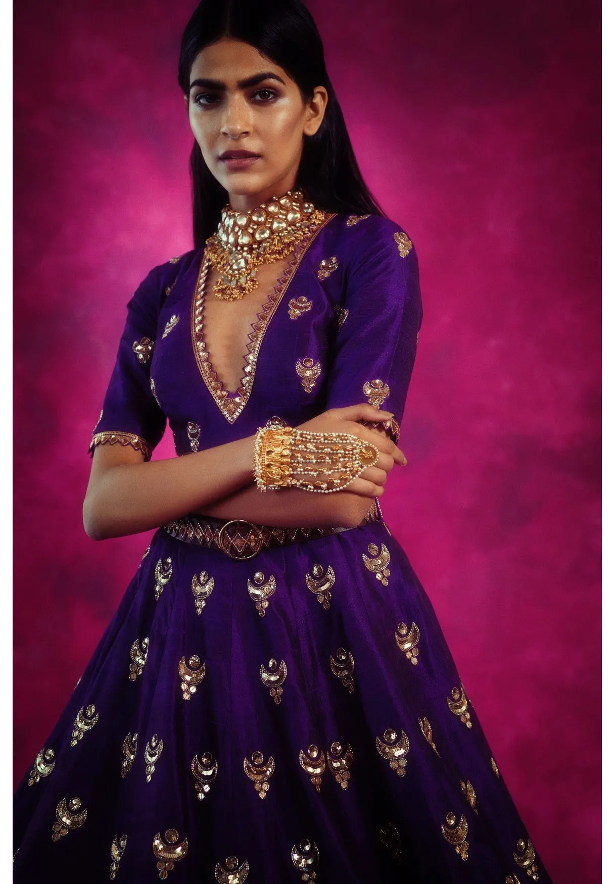 Purple Chand Boota Crop Top Skirt Set
