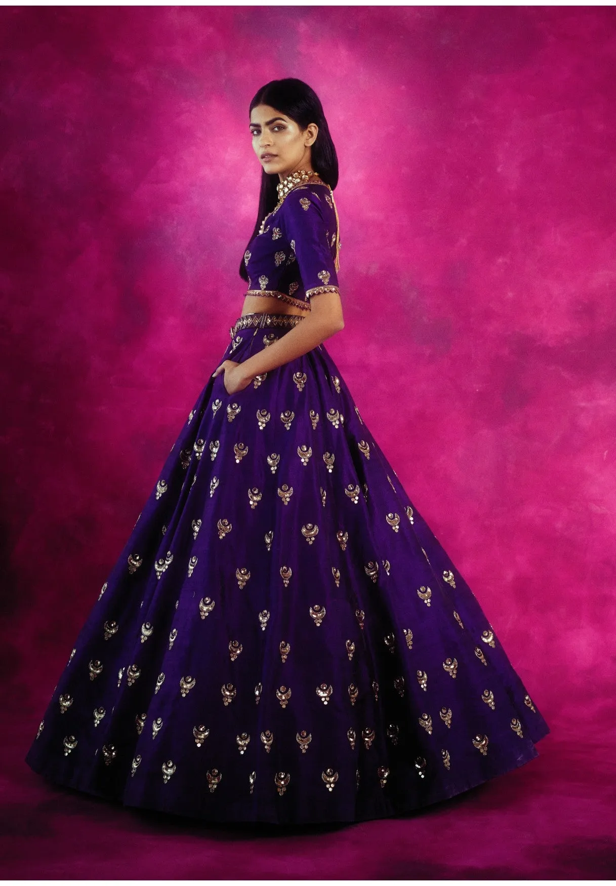Purple Chand Boota Crop Top Skirt Set