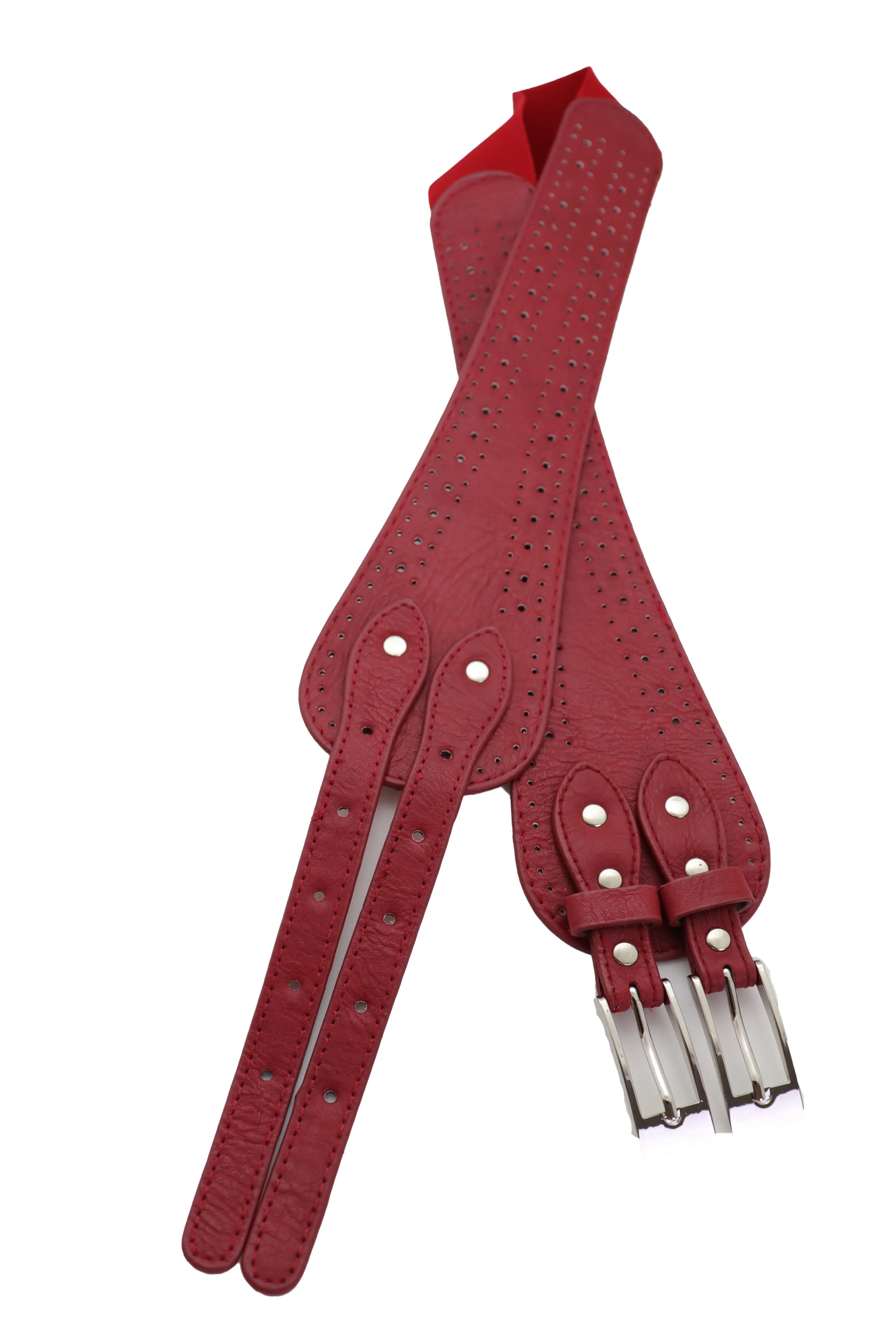 Red Elastic Fashion Belt Silver Metal Double Buckle S M
