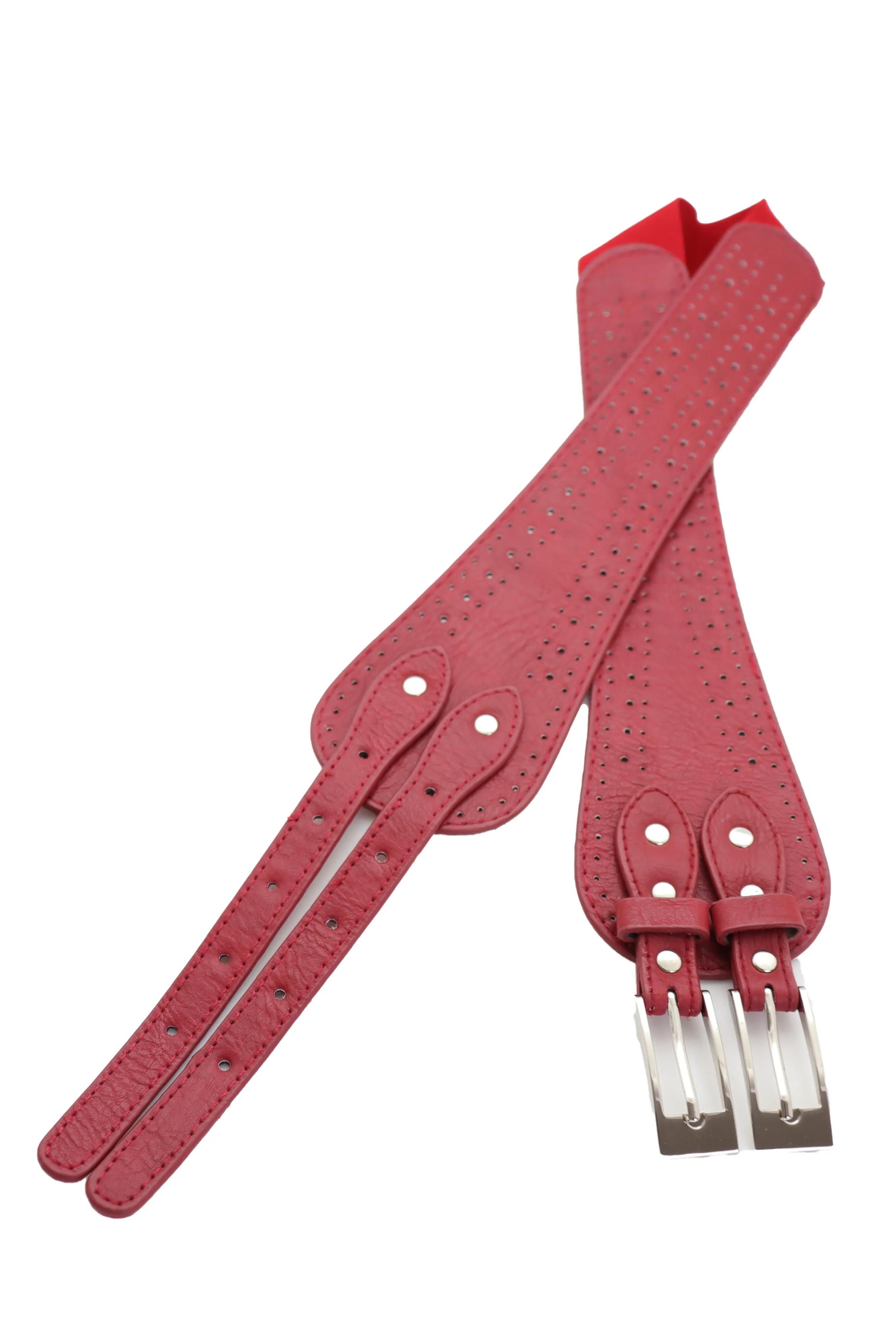 Red Elastic Fashion Belt Silver Metal Double Buckle S M