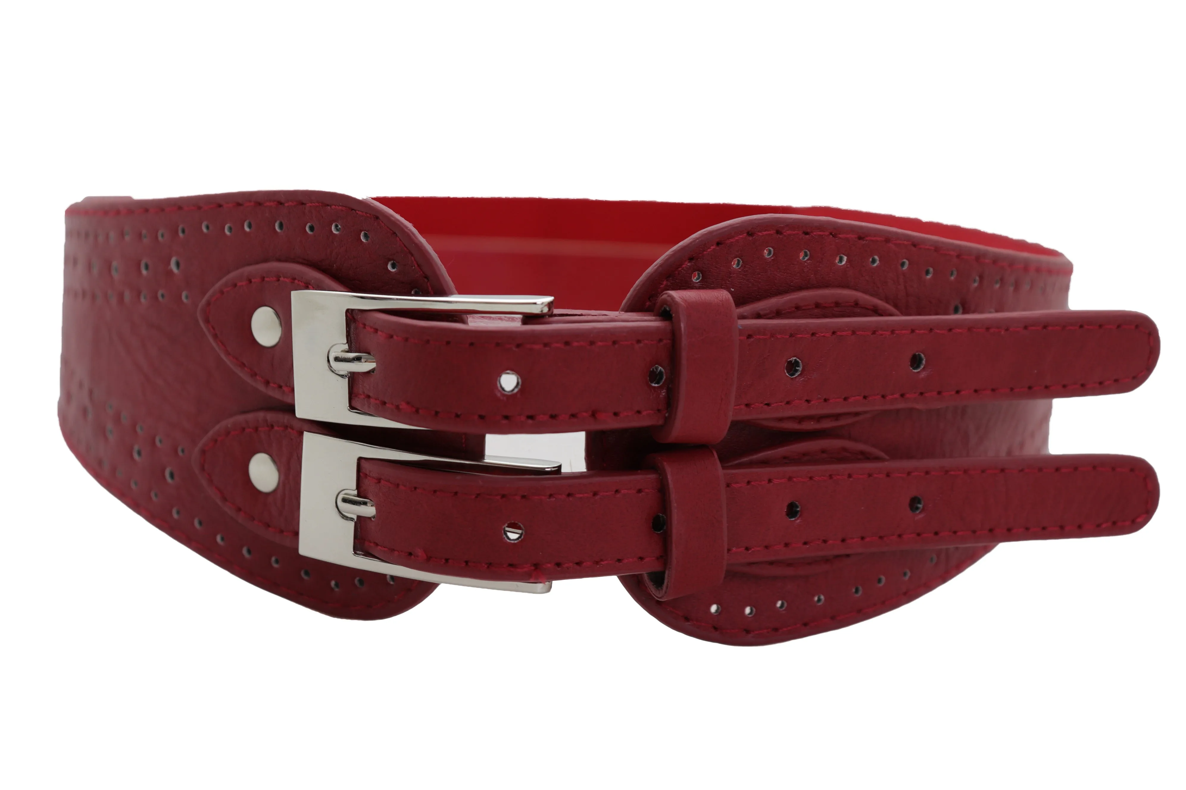 Red Elastic Fashion Belt Silver Metal Double Buckle S M