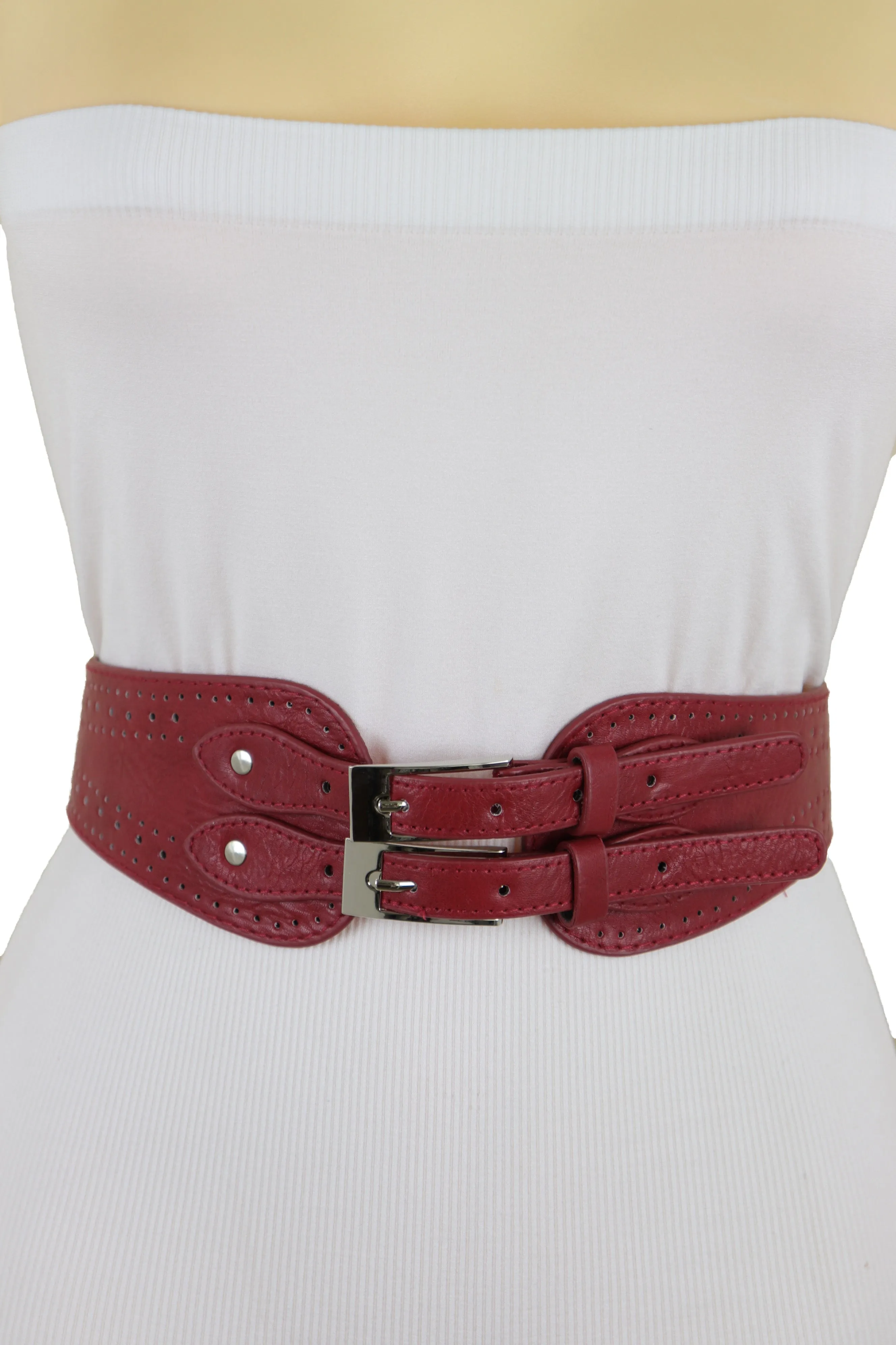 Red Elastic Fashion Belt Silver Metal Double Buckle S M