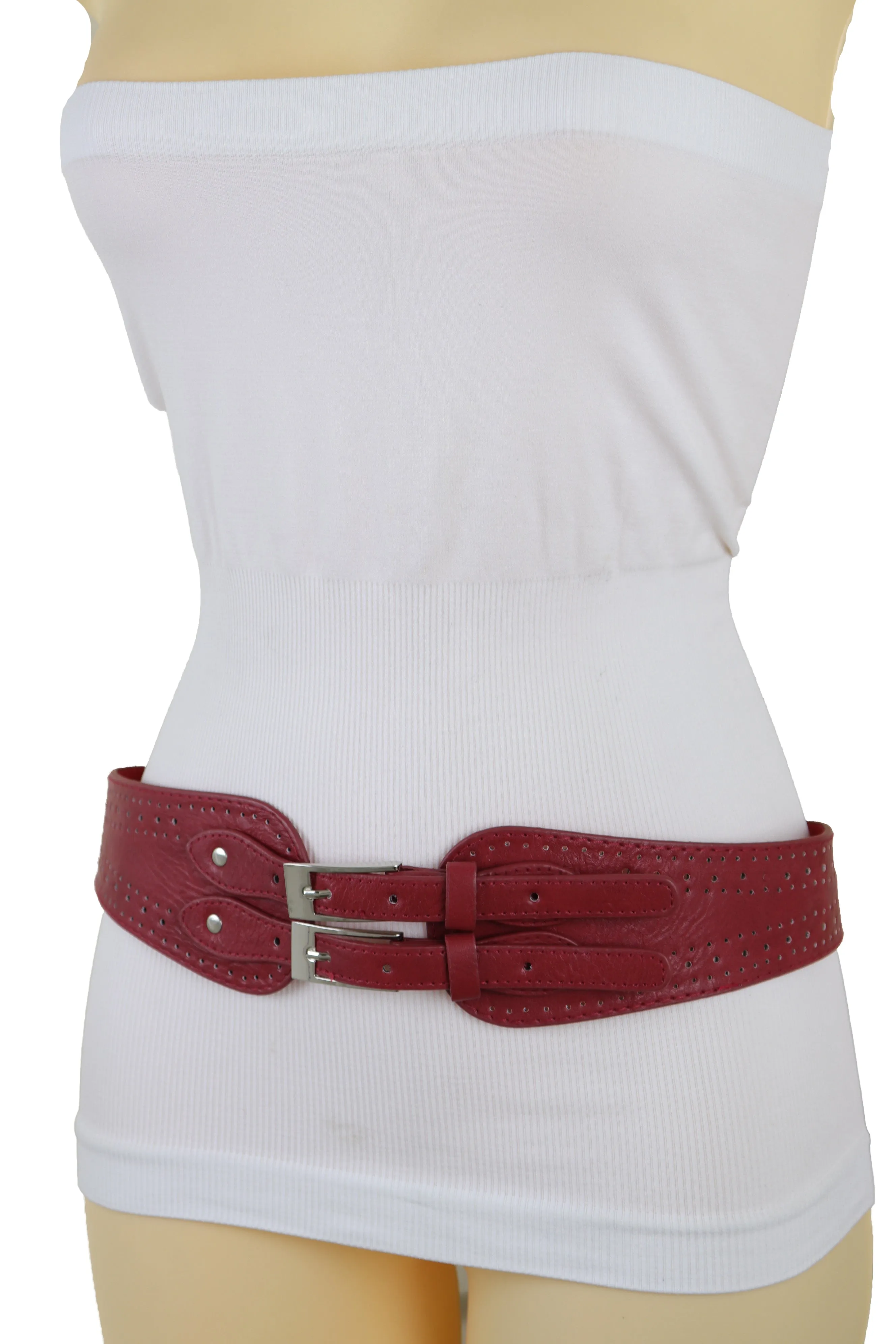 Red Elastic Fashion Belt Silver Metal Double Buckle S M