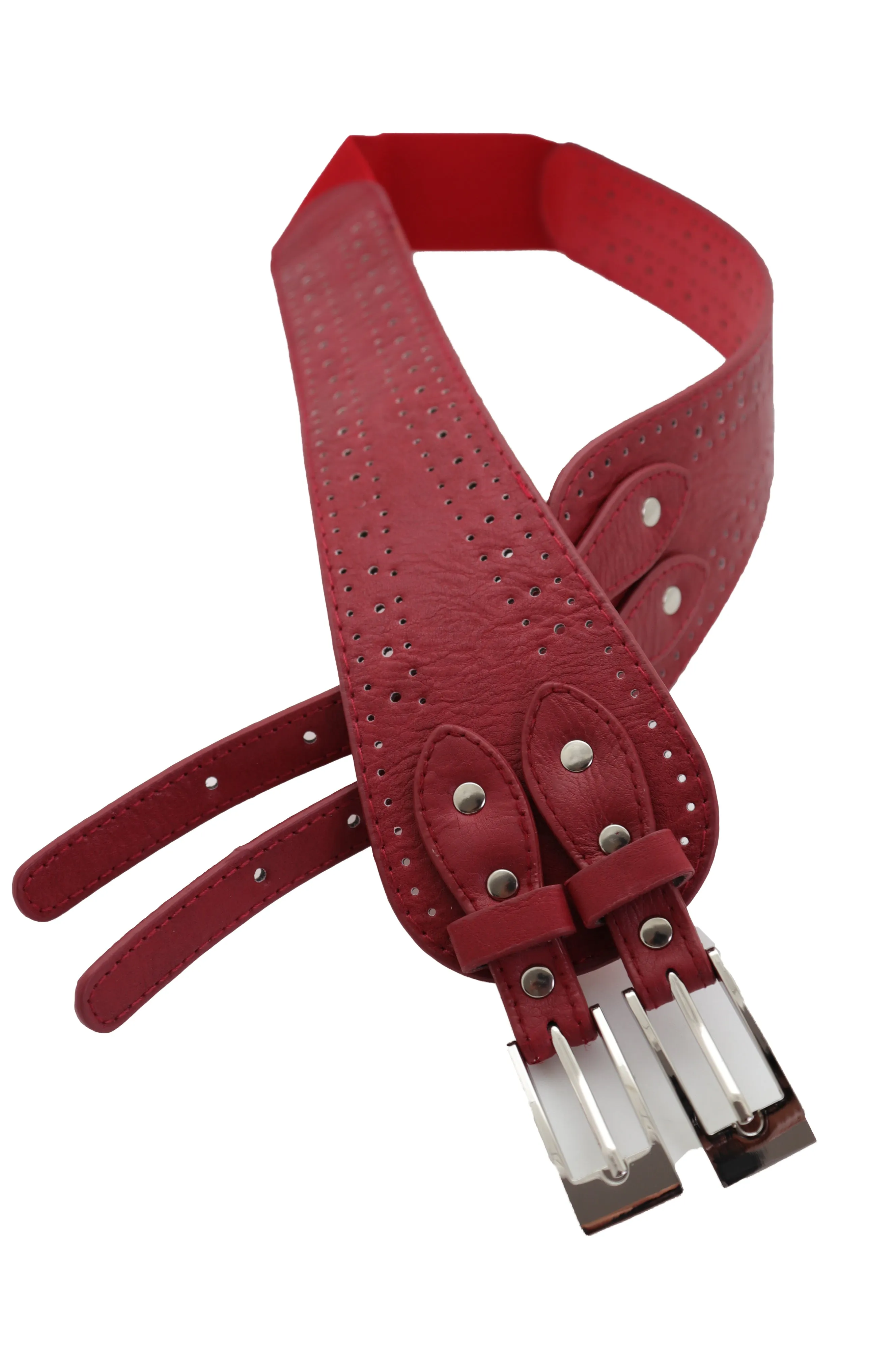 Red Elastic Fashion Belt Silver Metal Double Buckle S M