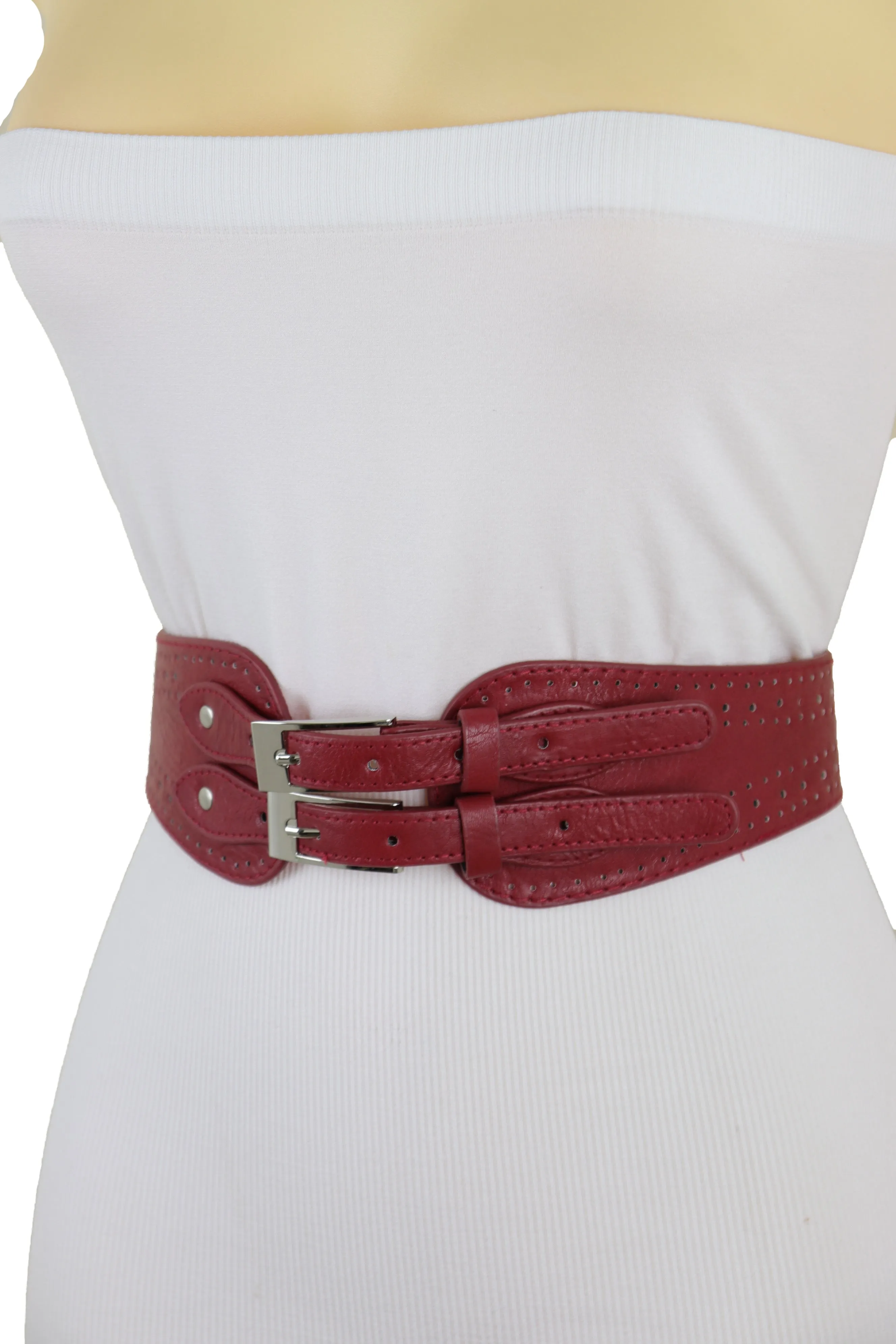 Red Elastic Fashion Belt Silver Metal Double Buckle S M