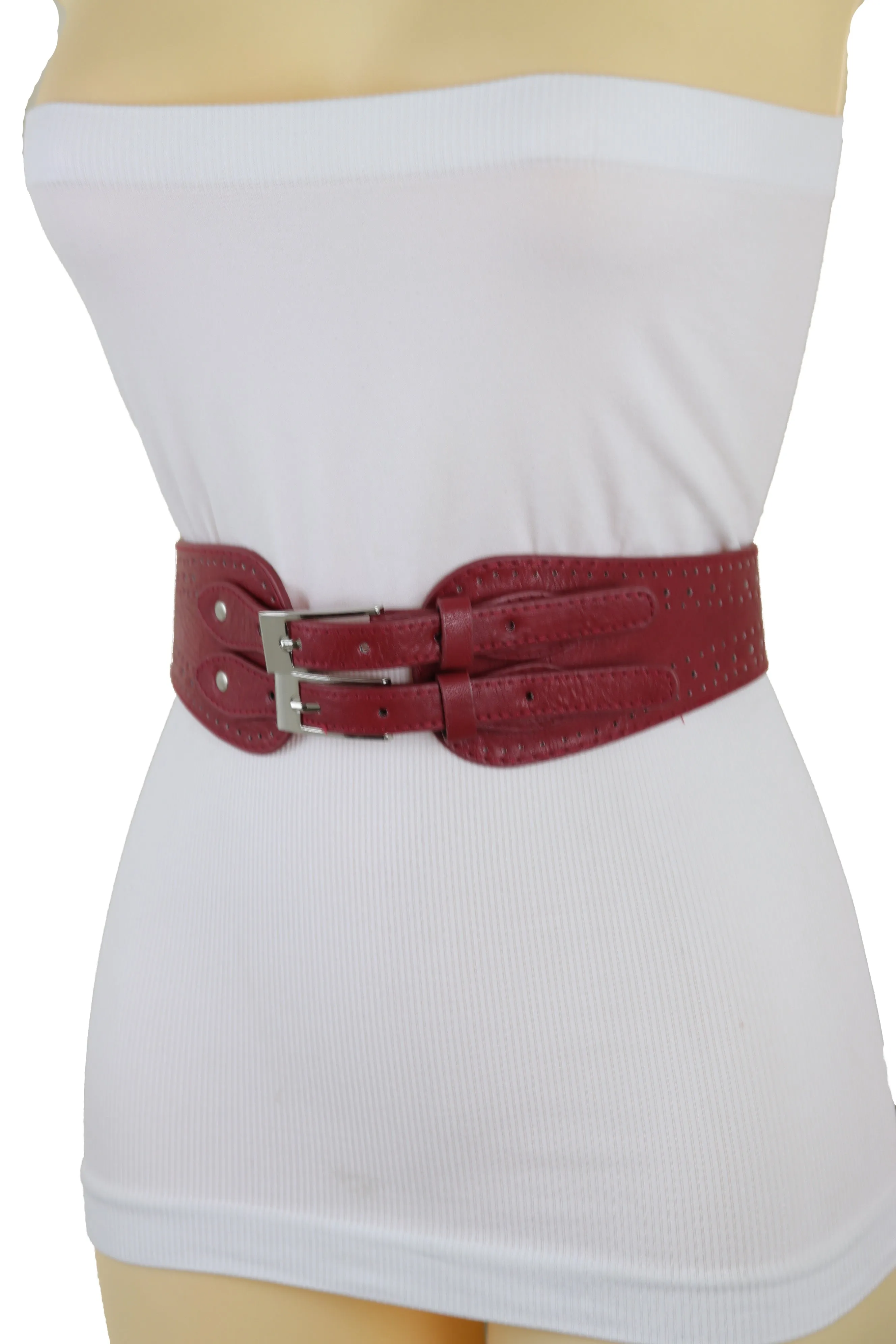 Red Elastic Fashion Belt Silver Metal Double Buckle S M