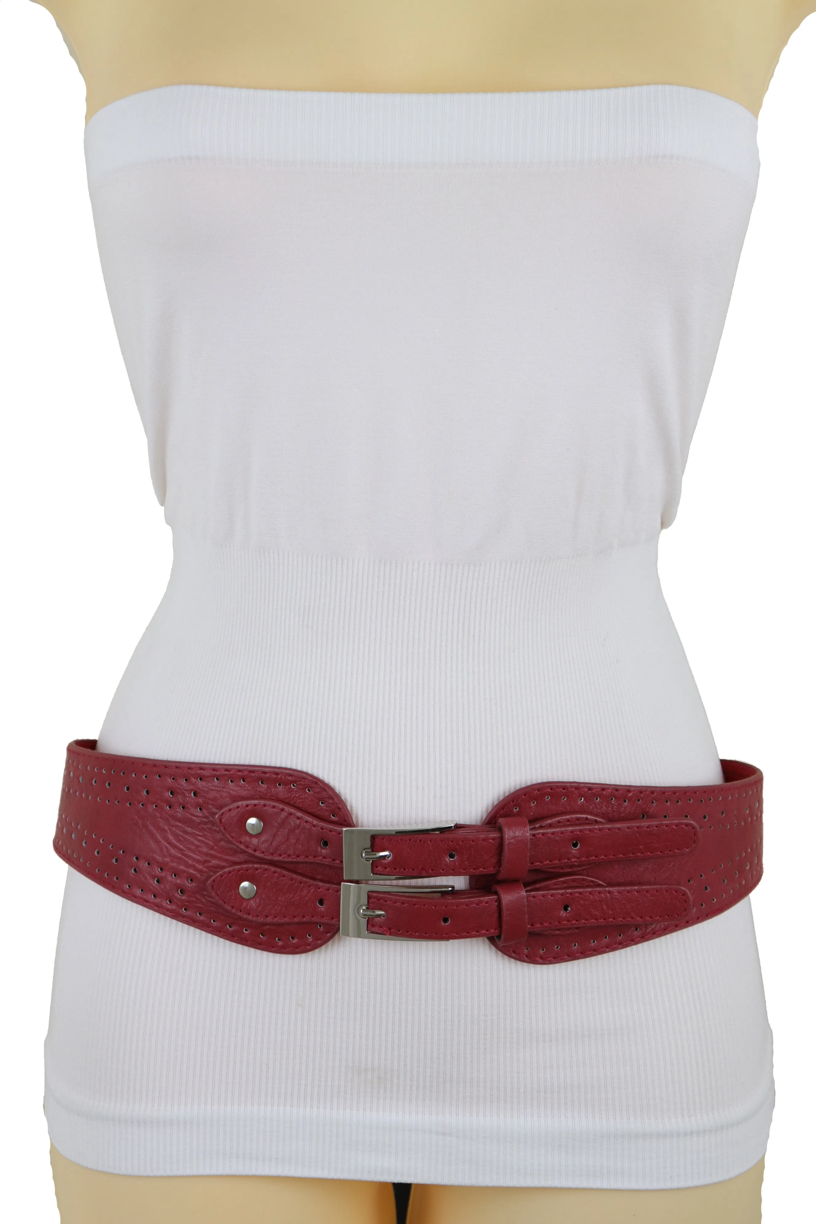 Red Elastic Fashion Belt Silver Metal Double Buckle S M
