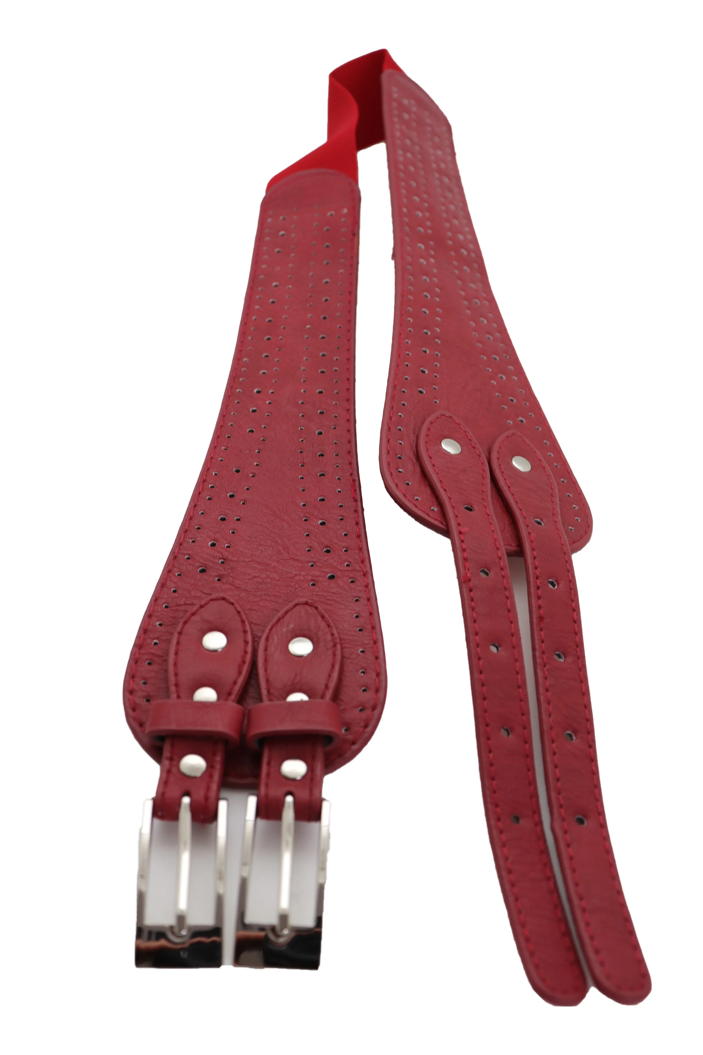 Red Elastic Fashion Belt Silver Metal Double Buckle S M