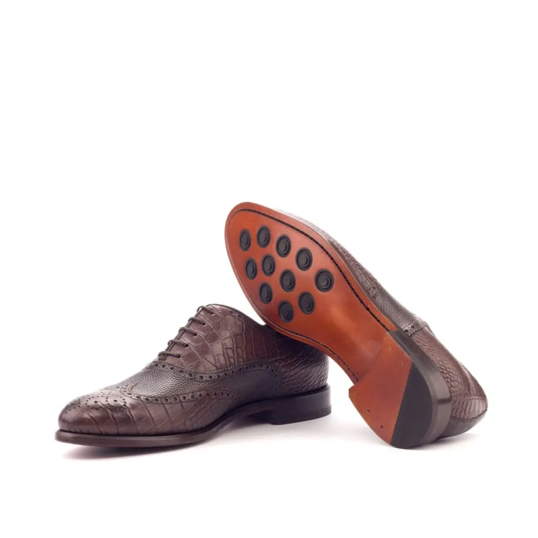 Richelieu fleuri en cuir croco et grainé marron foncé
