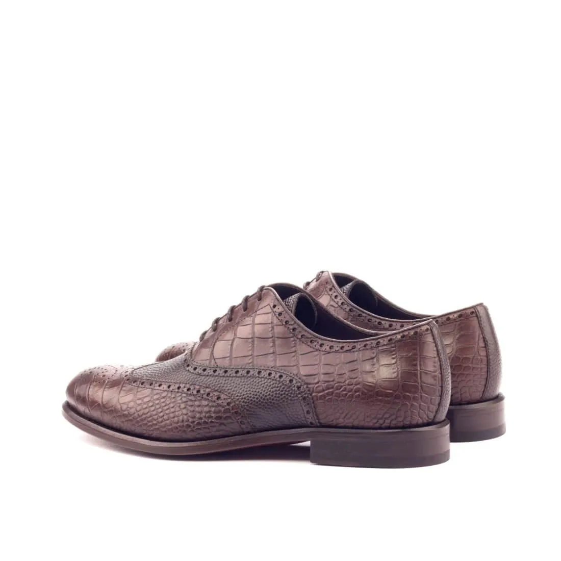 Richelieu fleuri en cuir croco et grainé marron foncé