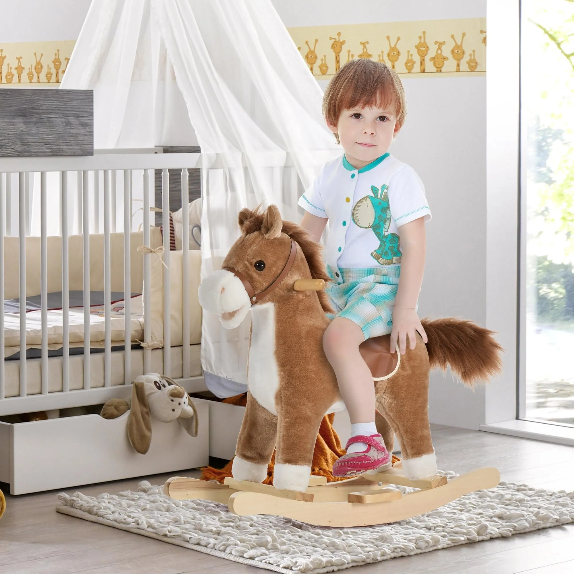 Rocking Horse Plush Animal On Wooden Rockers Baby Chair with Sounds