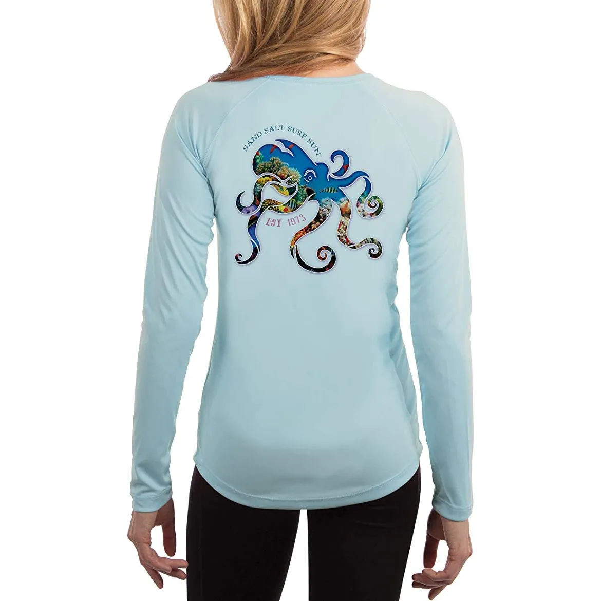 SAND.SALT.SURF.SUN. Coral Octopus Women's UPF 50  UV Sun Protection Performance Long Sleeve T-Shirt