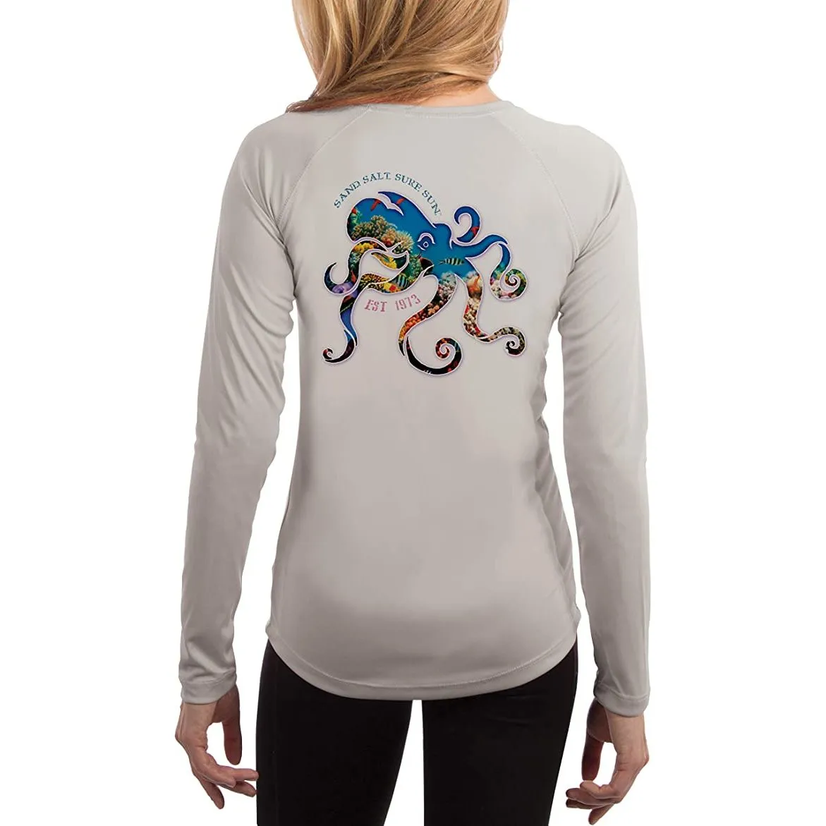 SAND.SALT.SURF.SUN. Coral Octopus Women's UPF 50  UV Sun Protection Performance Long Sleeve T-Shirt