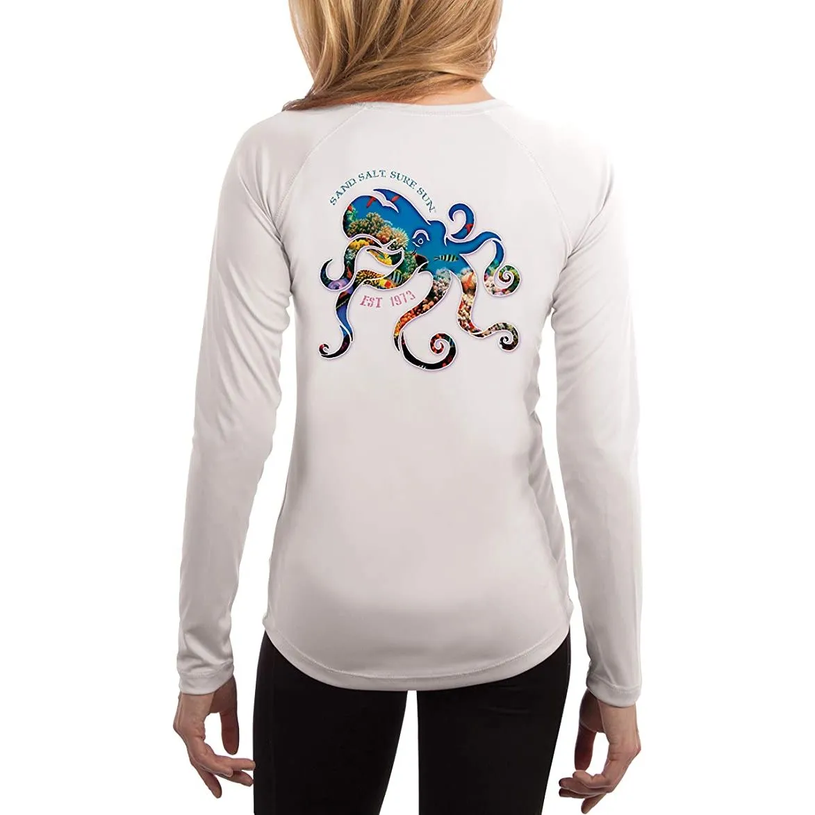 SAND.SALT.SURF.SUN. Coral Octopus Women's UPF 50  UV Sun Protection Performance Long Sleeve T-Shirt