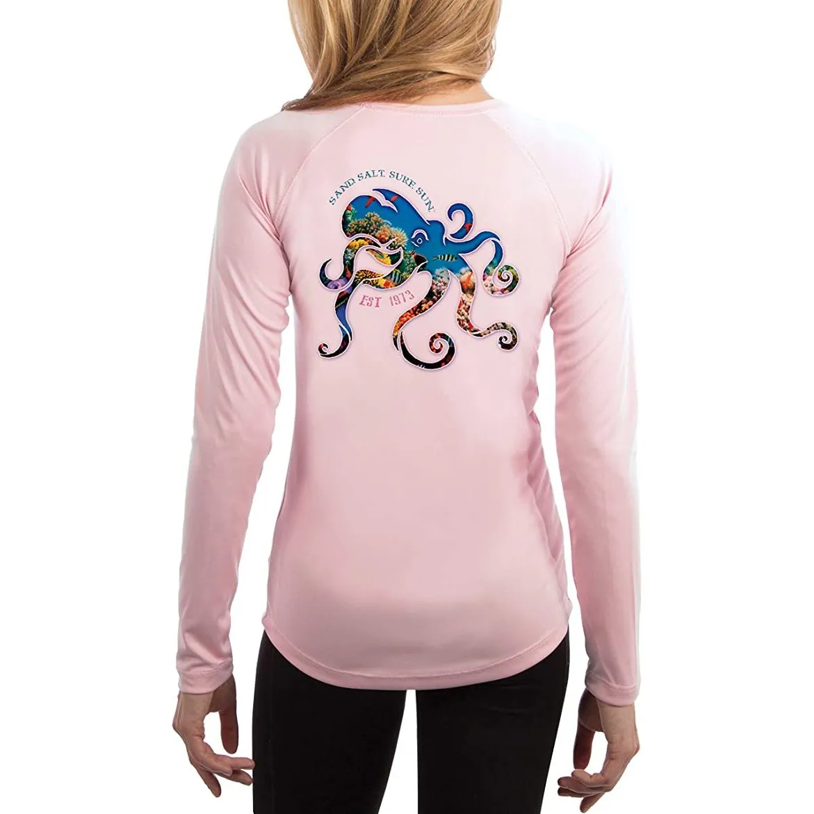 SAND.SALT.SURF.SUN. Coral Octopus Women's UPF 50  UV Sun Protection Performance Long Sleeve T-Shirt
