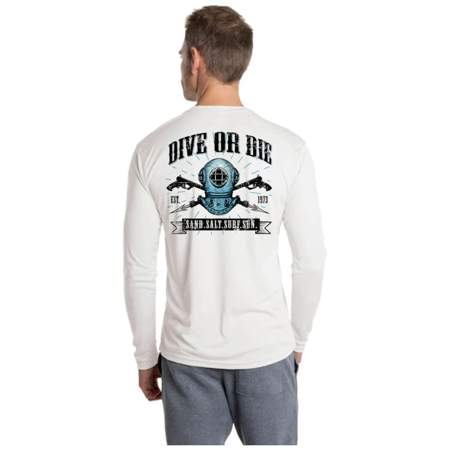 SAND.SALT.SURF.SUN. Dive or Die Men's UPF 50  UV Sun Protection Performance Long Sleeve T-Shirt