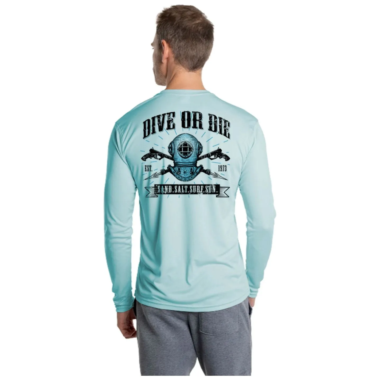 SAND.SALT.SURF.SUN. Dive or Die Men's UPF 50  UV Sun Protection Performance Long Sleeve T-Shirt