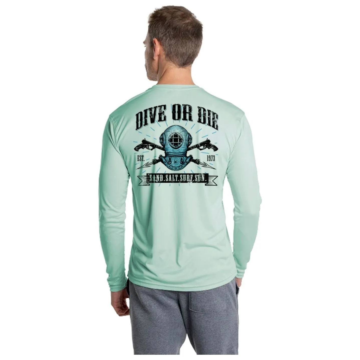 SAND.SALT.SURF.SUN. Dive or Die Men's UPF 50  UV Sun Protection Performance Long Sleeve T-Shirt