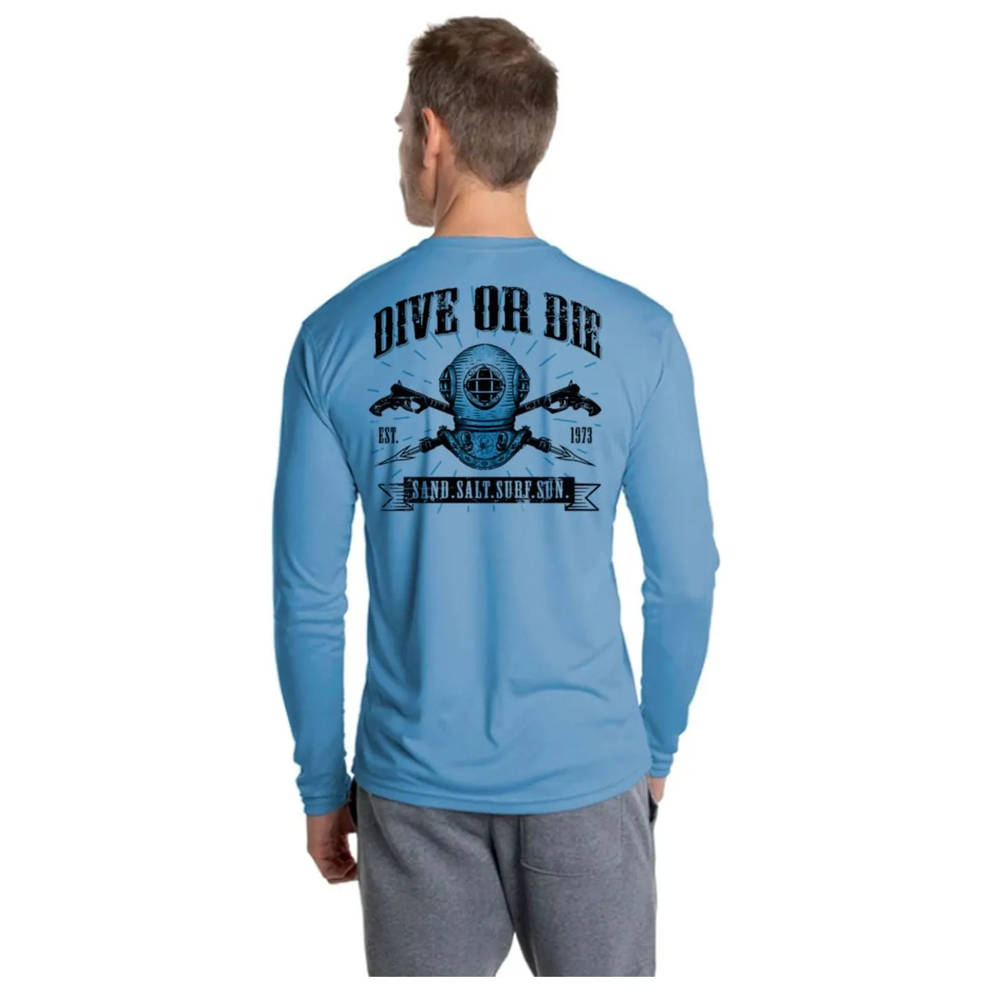 SAND.SALT.SURF.SUN. Dive or Die Men's UPF 50  UV Sun Protection Performance Long Sleeve T-Shirt