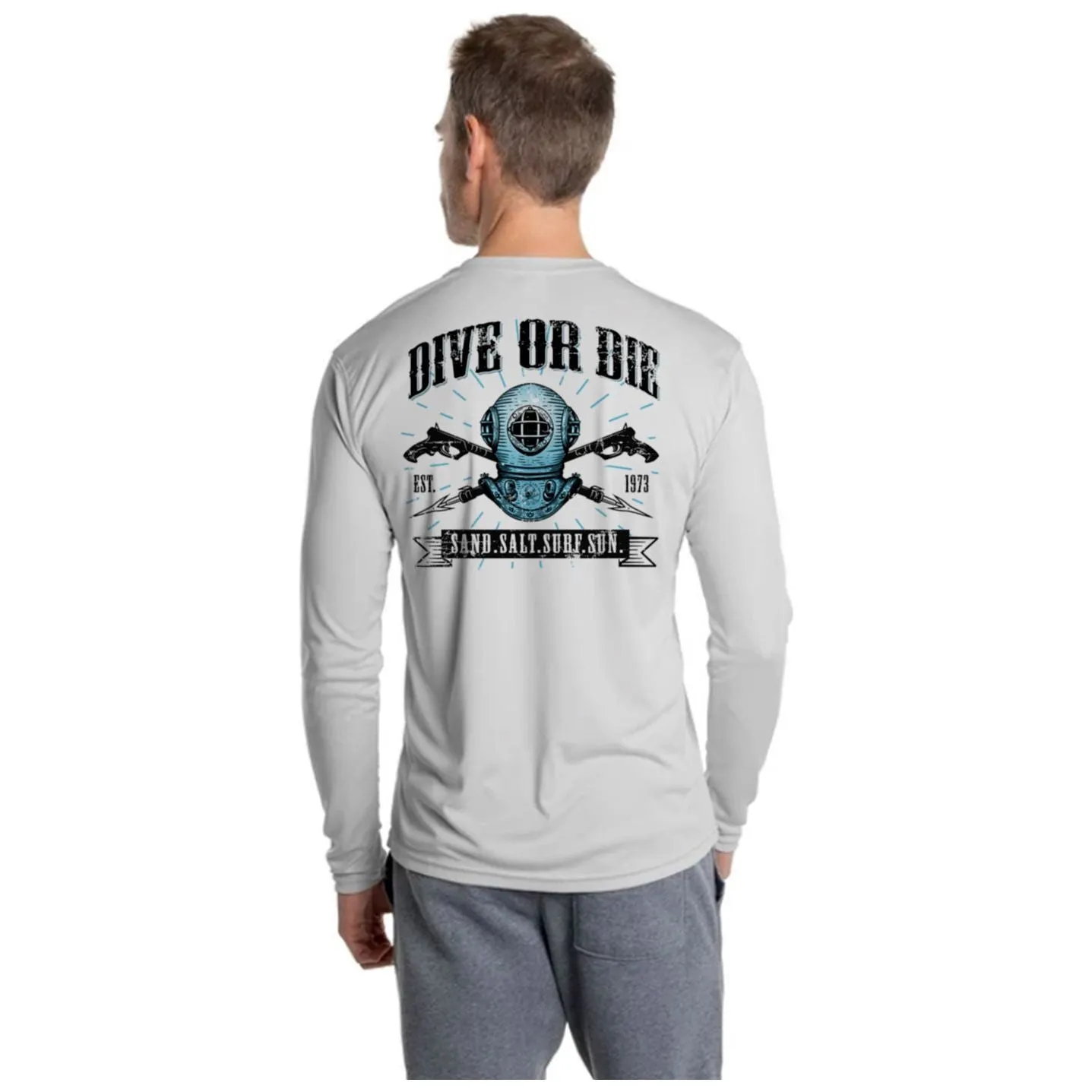 SAND.SALT.SURF.SUN. Dive or Die Men's UPF 50  UV Sun Protection Performance Long Sleeve T-Shirt