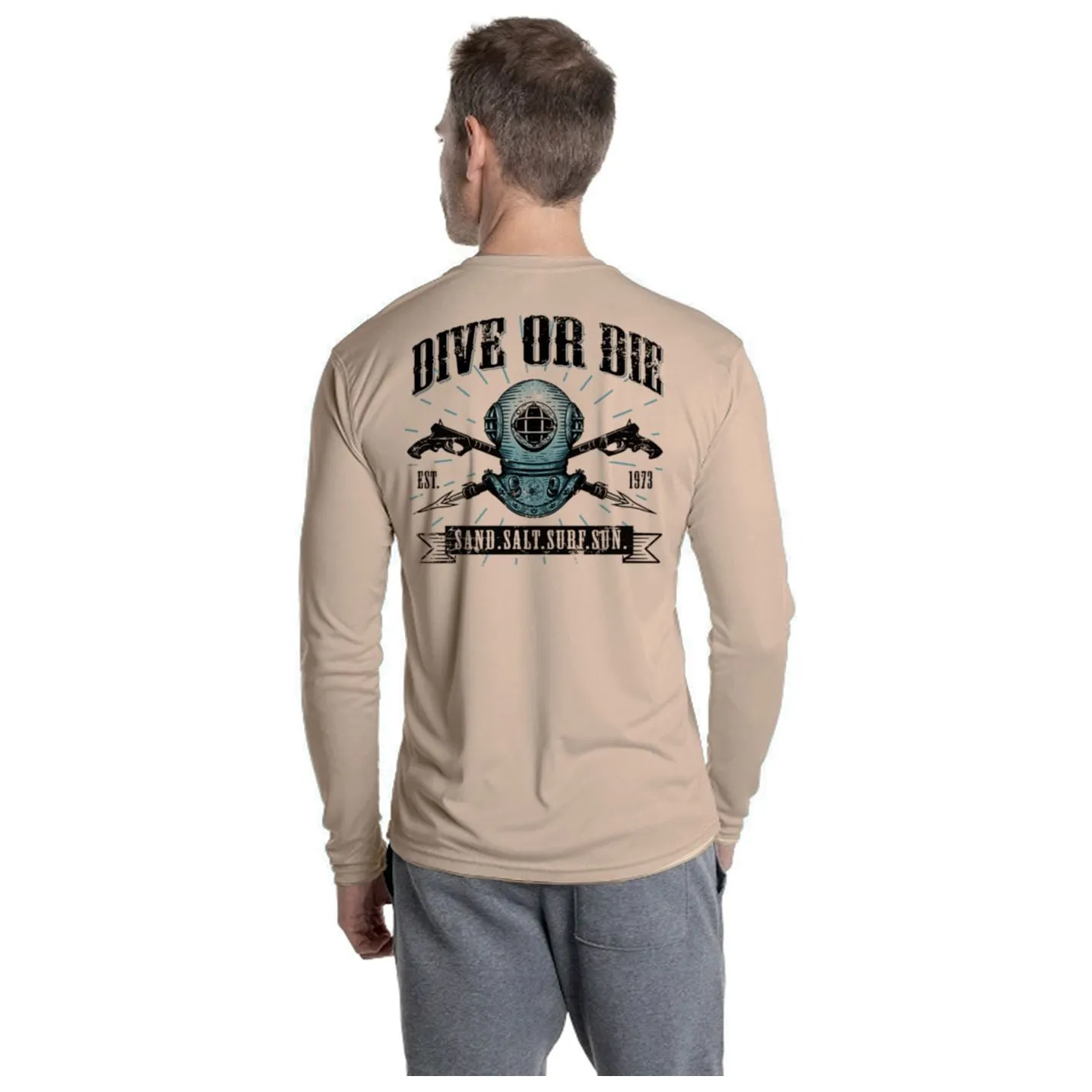 SAND.SALT.SURF.SUN. Dive or Die Men's UPF 50  UV Sun Protection Performance Long Sleeve T-Shirt