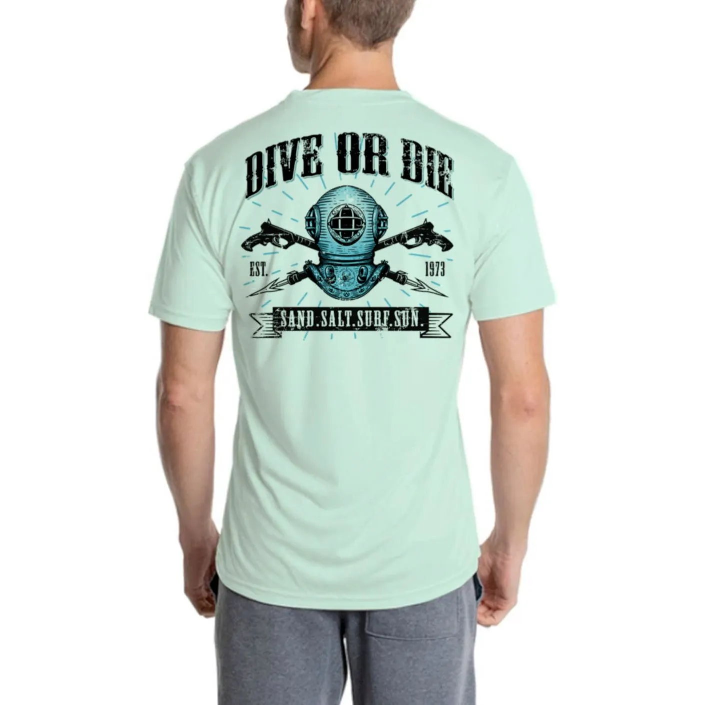SAND.SALT.SURF.SUN. Dive or Die Men's UPF 50  UV Sun Protection Performance Short Sleeve T-Shirt