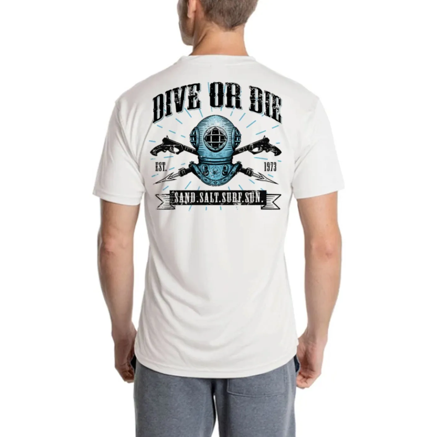 SAND.SALT.SURF.SUN. Dive or Die Men's UPF 50  UV Sun Protection Performance Short Sleeve T-Shirt