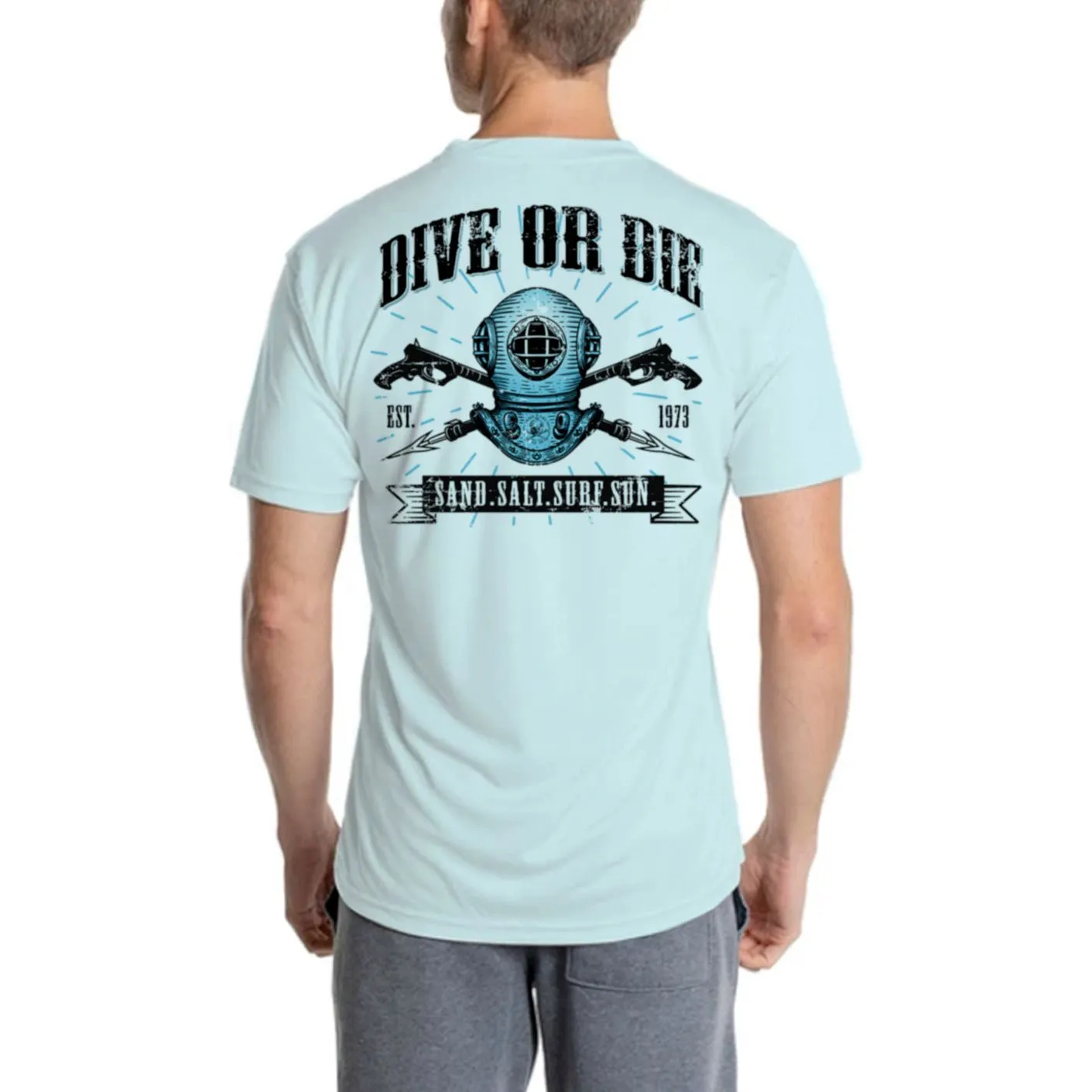 SAND.SALT.SURF.SUN. Dive or Die Men's UPF 50  UV Sun Protection Performance Short Sleeve T-Shirt