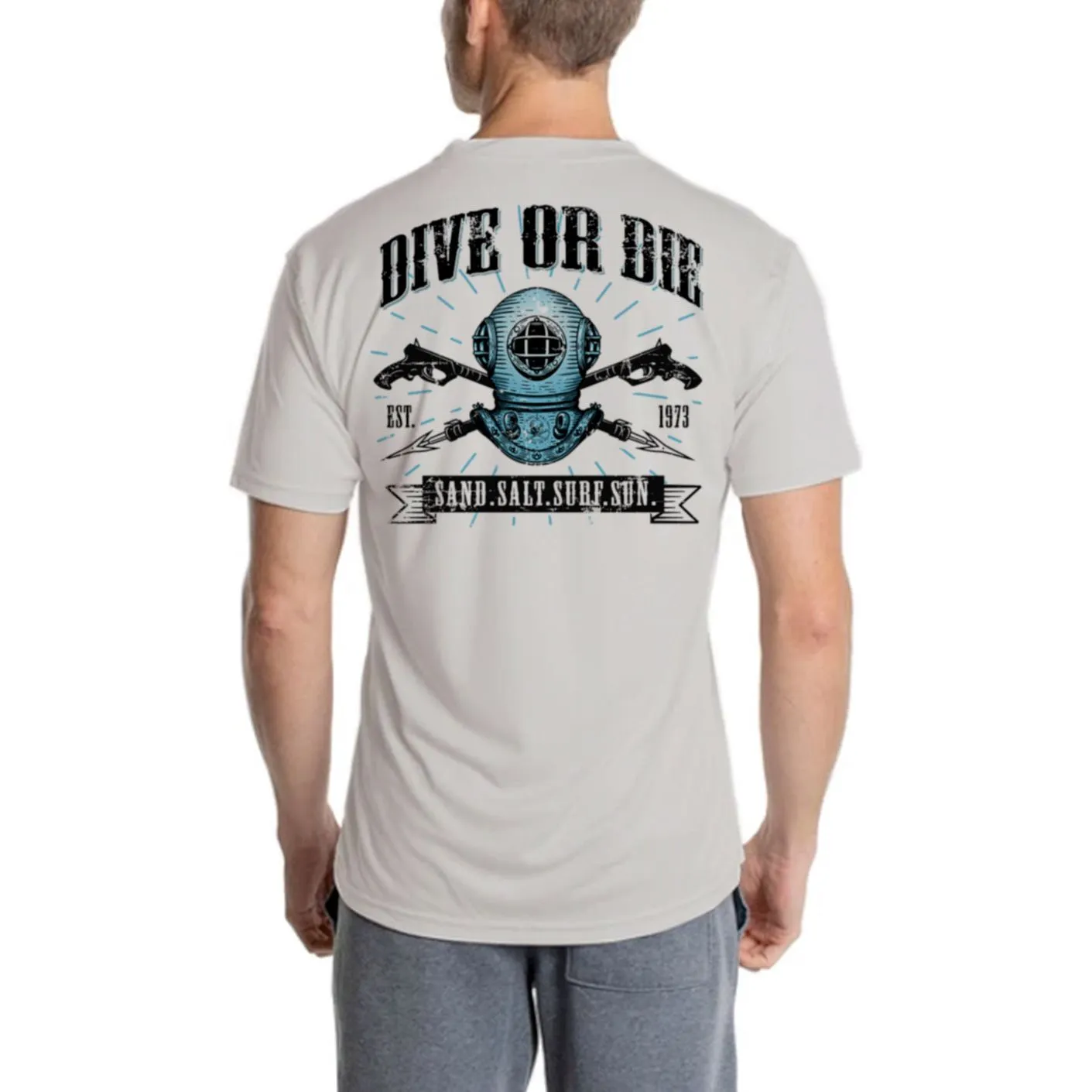 SAND.SALT.SURF.SUN. Dive or Die Men's UPF 50  UV Sun Protection Performance Short Sleeve T-Shirt