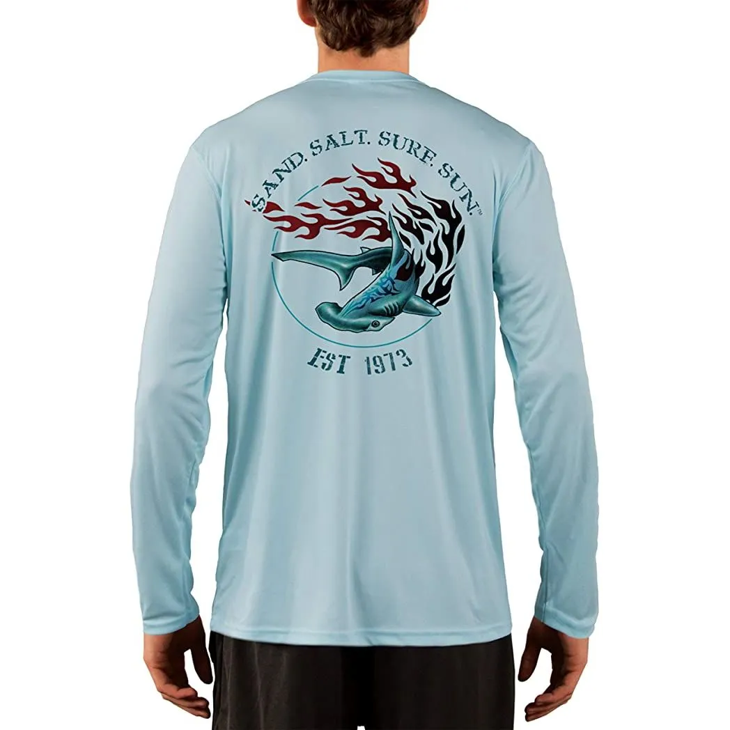 SAND.SALT.SURF.SUN. Flaming Shark Men's UPF 50  UV Sun Protection Performance Long Sleeve T-Shirt