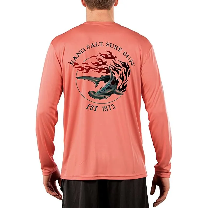 SAND.SALT.SURF.SUN. Flaming Shark Men's UPF 50  UV Sun Protection Performance Long Sleeve T-Shirt