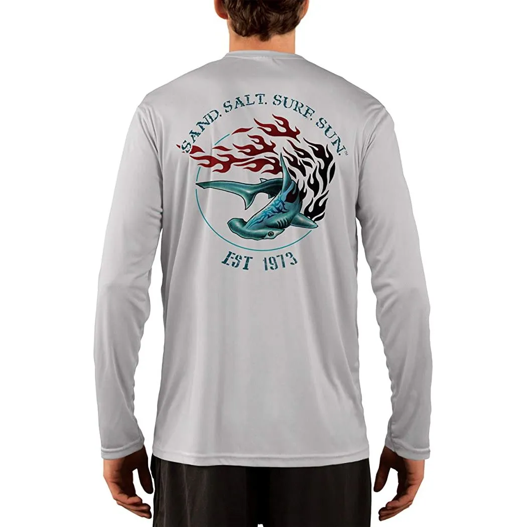 SAND.SALT.SURF.SUN. Flaming Shark Men's UPF 50  UV Sun Protection Performance Long Sleeve T-Shirt
