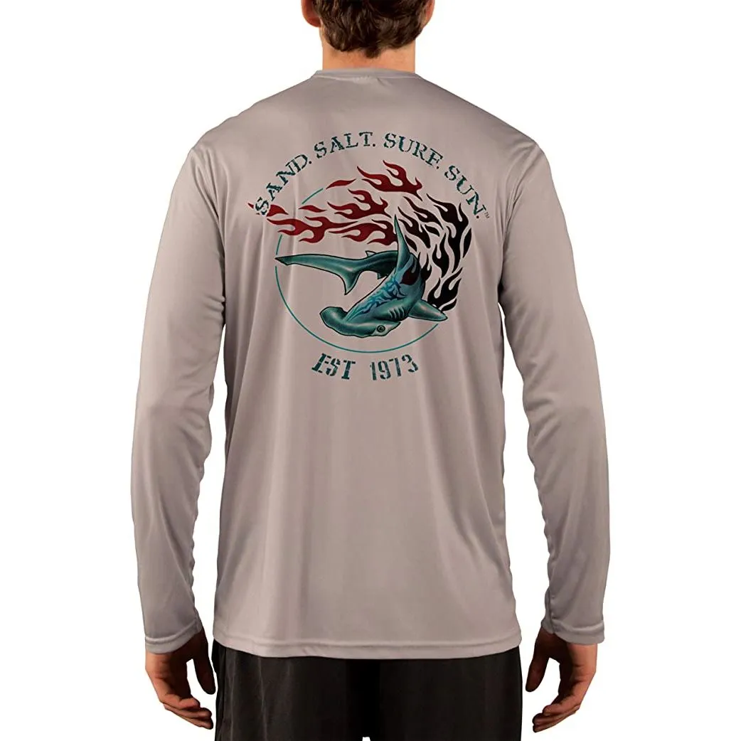 SAND.SALT.SURF.SUN. Flaming Shark Men's UPF 50  UV Sun Protection Performance Long Sleeve T-Shirt