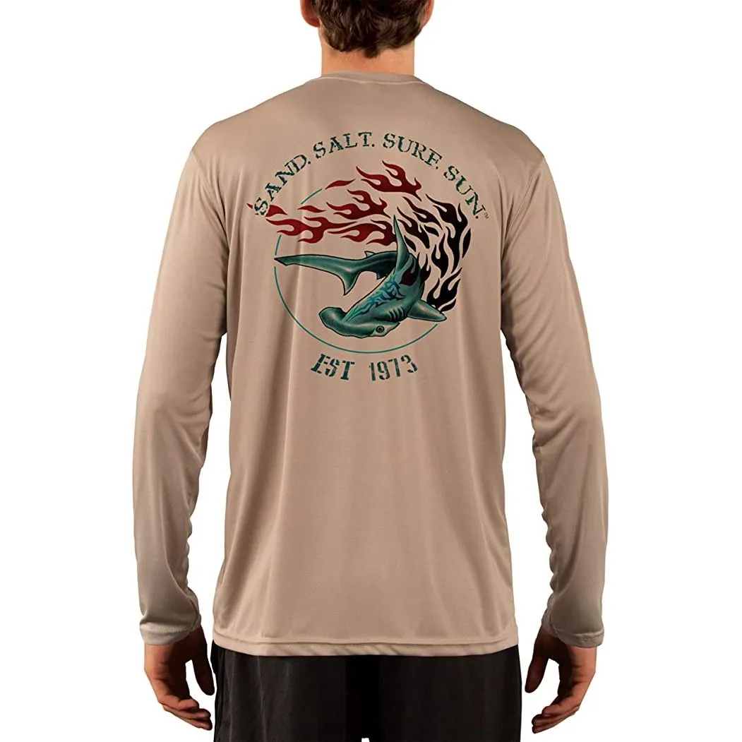 SAND.SALT.SURF.SUN. Flaming Shark Men's UPF 50  UV Sun Protection Performance Long Sleeve T-Shirt