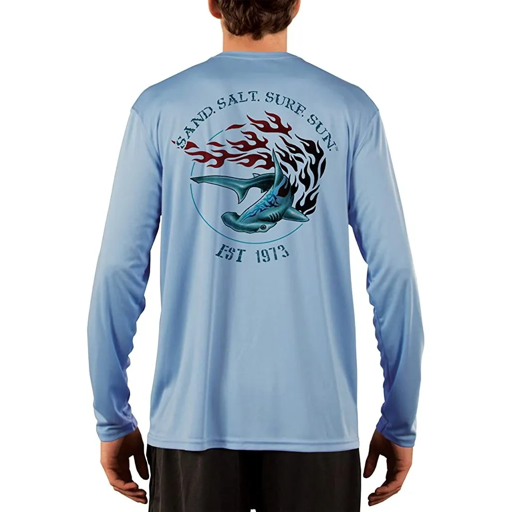 SAND.SALT.SURF.SUN. Flaming Shark Men's UPF 50  UV Sun Protection Performance Long Sleeve T-Shirt