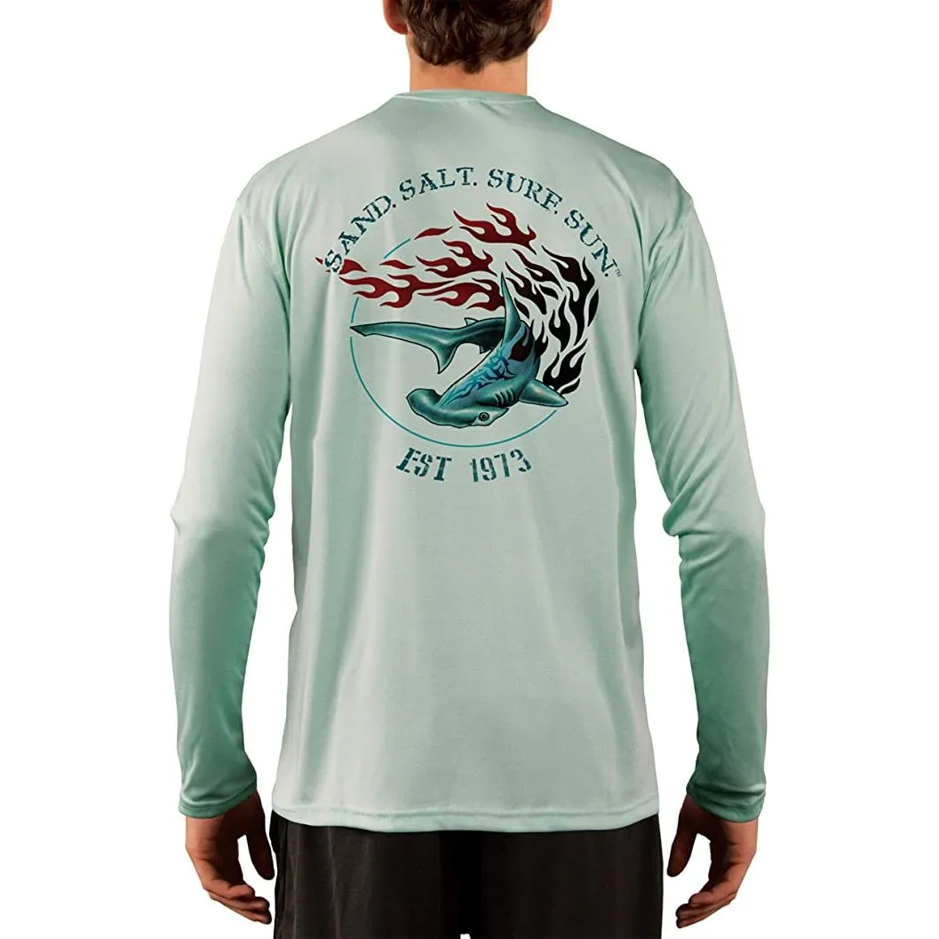 SAND.SALT.SURF.SUN. Flaming Shark Men's UPF 50  UV Sun Protection Performance Long Sleeve T-Shirt