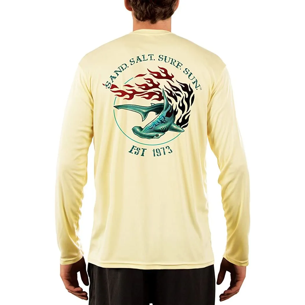SAND.SALT.SURF.SUN. Flaming Shark Men's UPF 50  UV Sun Protection Performance Long Sleeve T-Shirt