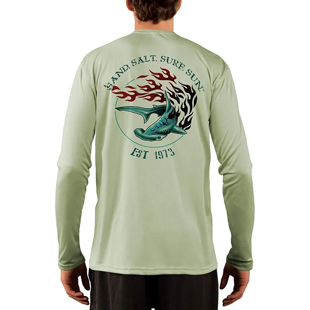 SAND.SALT.SURF.SUN. Flaming Shark Men's UPF 50  UV Sun Protection Performance Long Sleeve T-Shirt