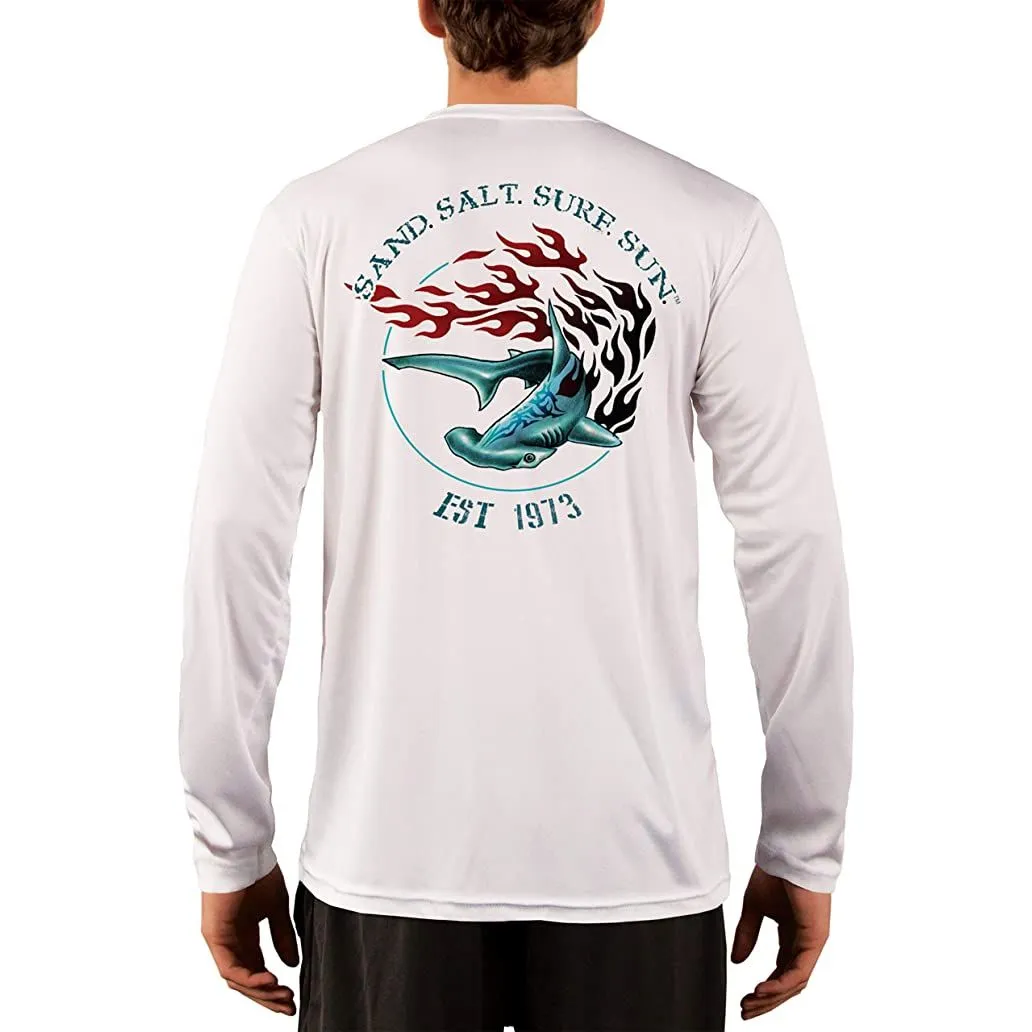 SAND.SALT.SURF.SUN. Flaming Shark Men's UPF 50  UV Sun Protection Performance Long Sleeve T-Shirt