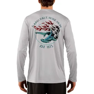 SAND.SALT.SURF.SUN. Flaming Shark Men's UPF 50  UV Sun Protection Performance Long Sleeve T-Shirt