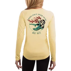 SAND.SALT.SURF.SUN. Flaming Shark Women's UPF 50  UV Sun Protection Performance Long Sleeve T-Shirt