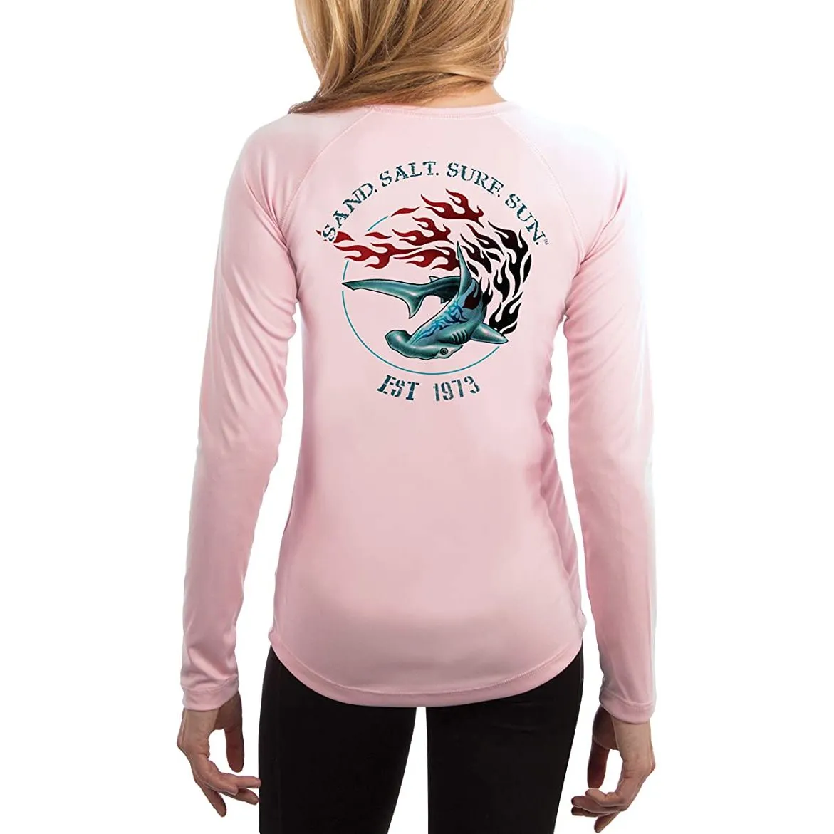 SAND.SALT.SURF.SUN. Flaming Shark Women's UPF 50  UV Sun Protection Performance Long Sleeve T-Shirt