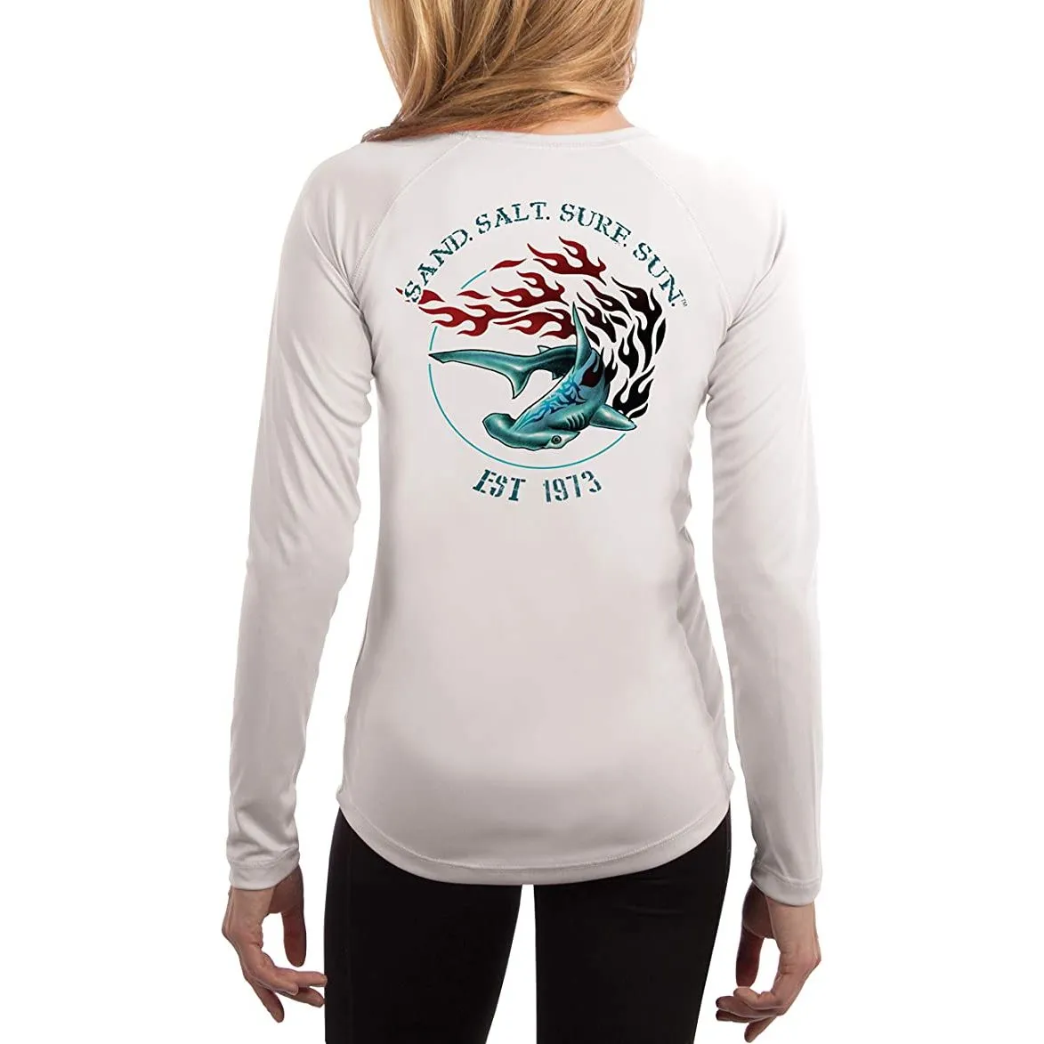 SAND.SALT.SURF.SUN. Flaming Shark Women's UPF 50  UV Sun Protection Performance Long Sleeve T-Shirt