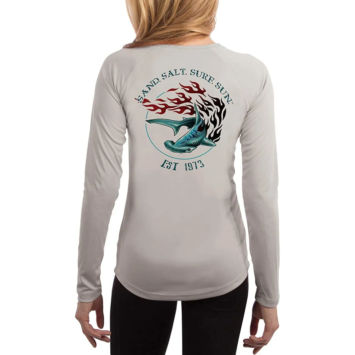 SAND.SALT.SURF.SUN. Flaming Shark Women's UPF 50  UV Sun Protection Performance Long Sleeve T-Shirt