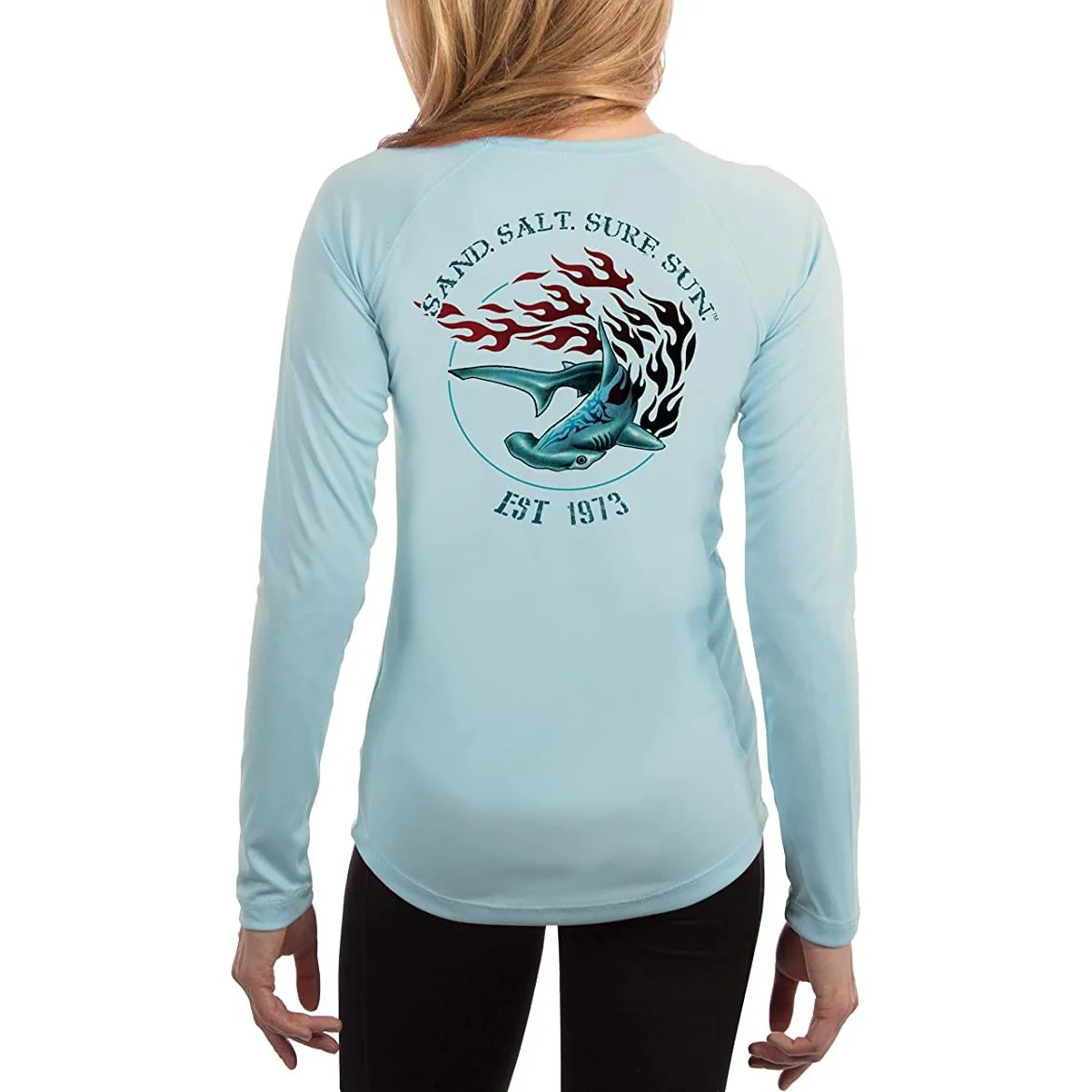 SAND.SALT.SURF.SUN. Flaming Shark Women's UPF 50  UV Sun Protection Performance Long Sleeve T-Shirt