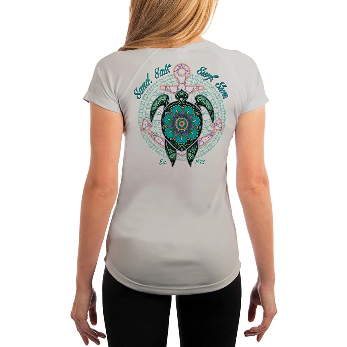SAND.SALT.SURF.SUN. Mandala Turtle Women's UPF 50  UV Sun Protection Performance Short Sleeve T-Shirt