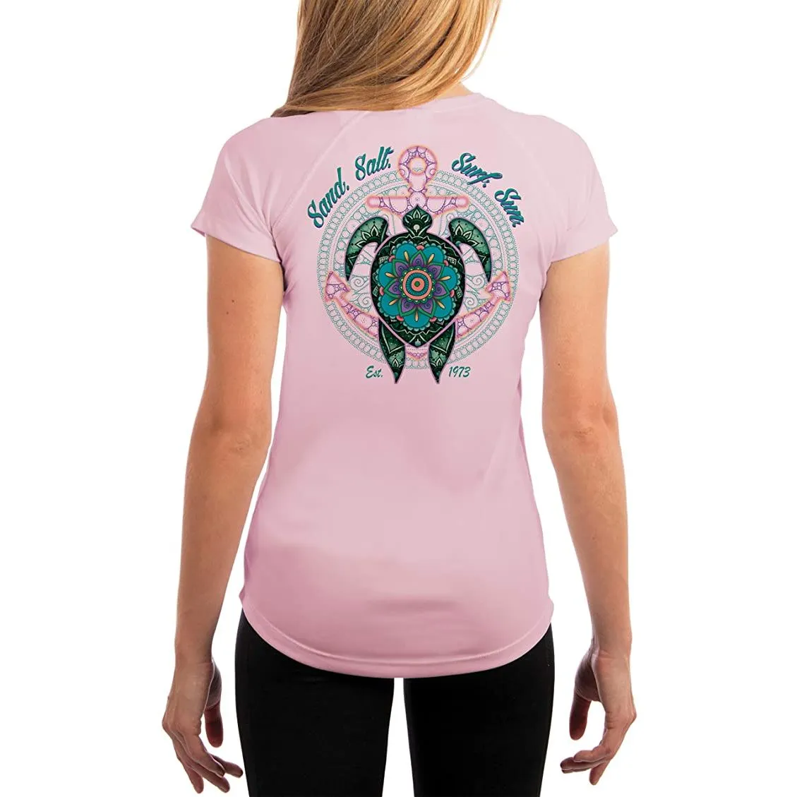 SAND.SALT.SURF.SUN. Mandala Turtle Women's UPF 50  UV Sun Protection Performance Short Sleeve T-Shirt