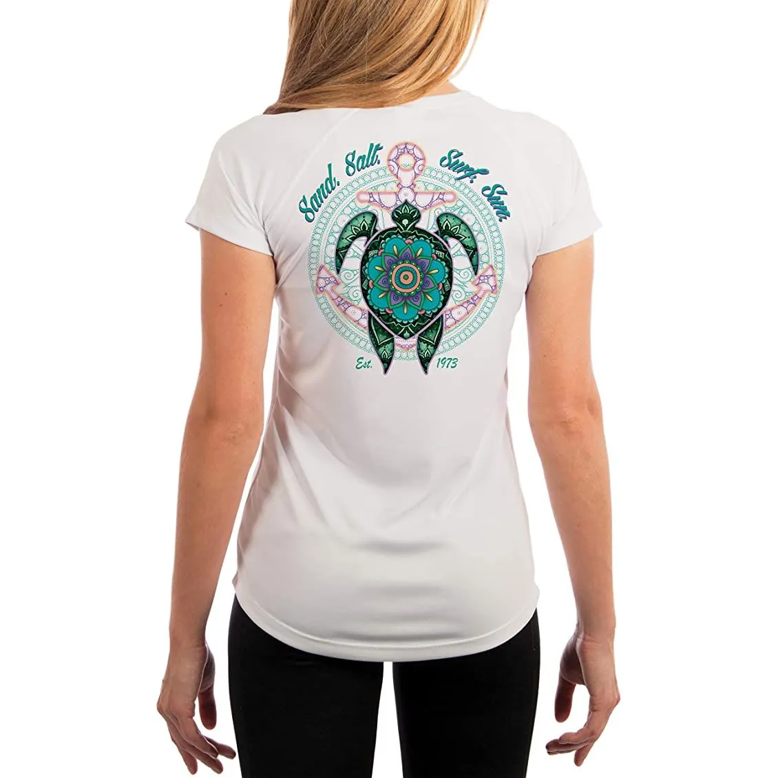 SAND.SALT.SURF.SUN. Mandala Turtle Women's UPF 50  UV Sun Protection Performance Short Sleeve T-Shirt