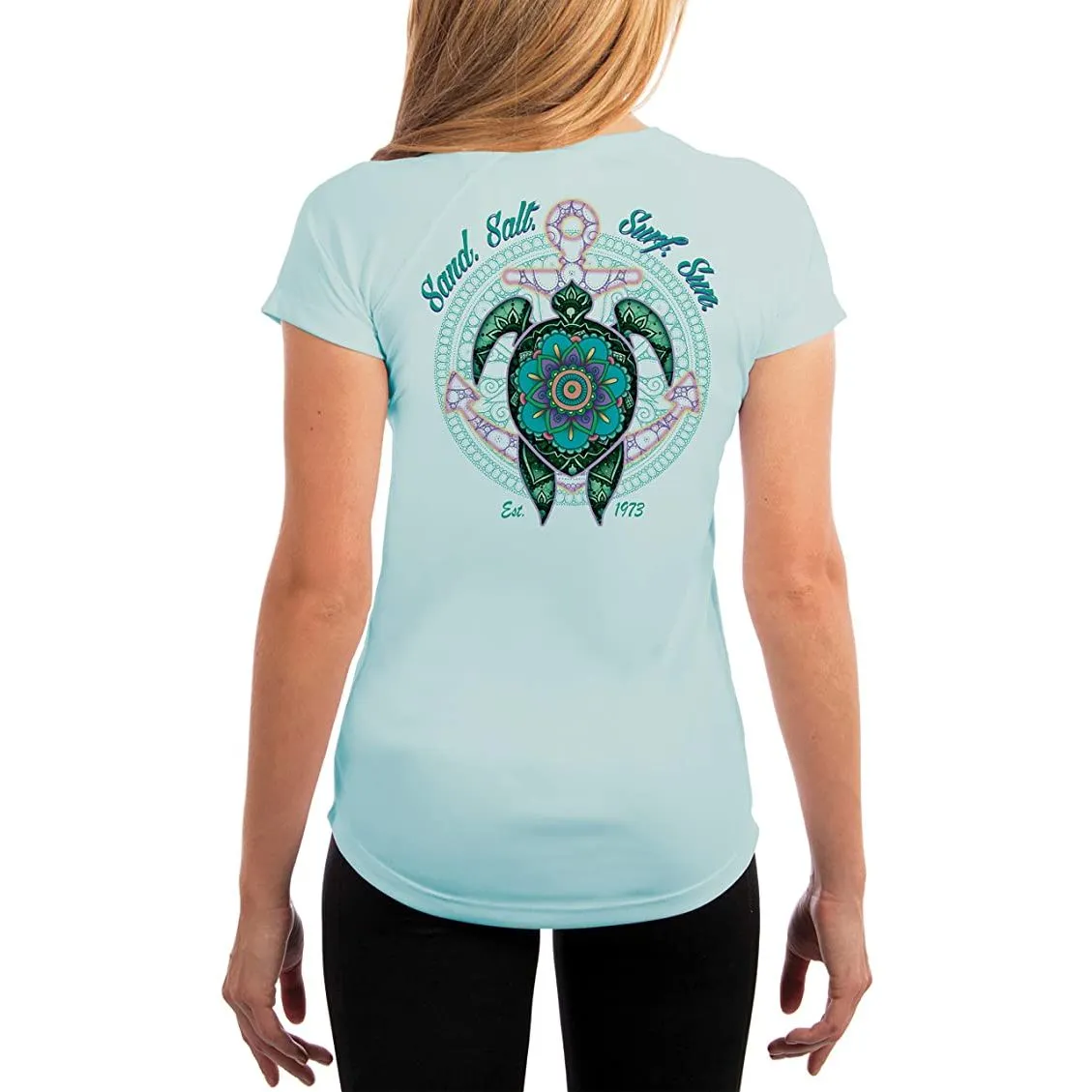 SAND.SALT.SURF.SUN. Mandala Turtle Women's UPF 50  UV Sun Protection Performance Short Sleeve T-Shirt