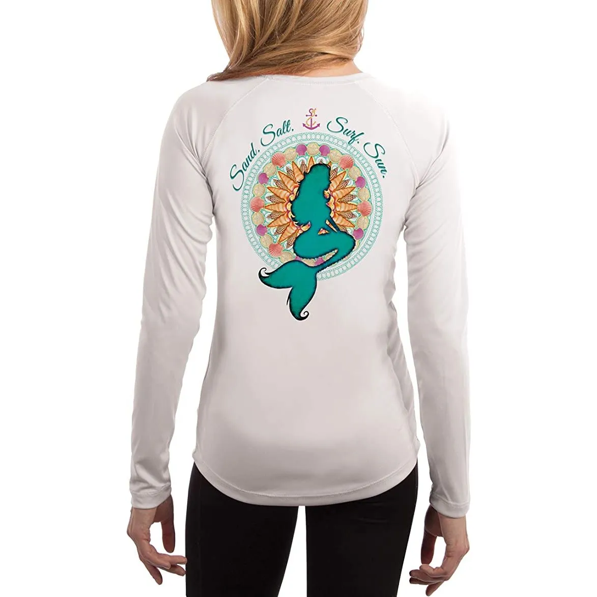 SAND.SALT.SURF.SUN. Mermaid Shells Women's UPF 50  UV Sun Protection Performance Long Sleeve T-Shirt